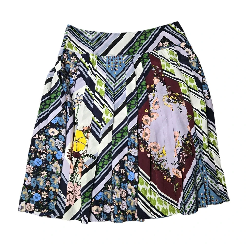 Tory Burch Pleated Silk Knee Length Multicolor Skirt Size: 12